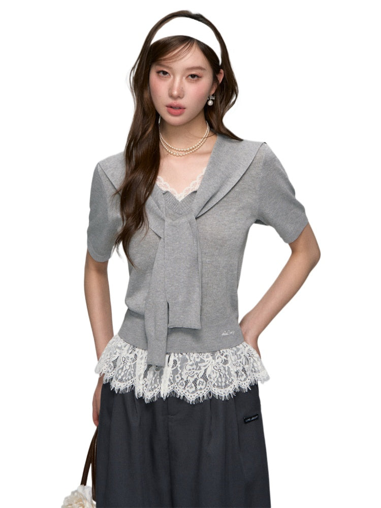 Lace Spliced V-Neck Knitted T-Shirt - CHINASQUAD