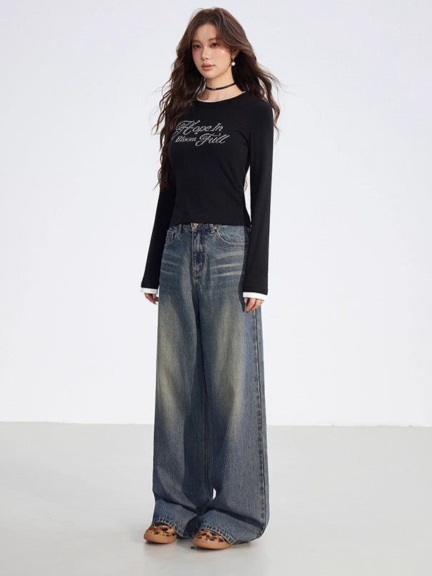 Dual-Layer Letter Embellished Slim-Fit T-Shirt