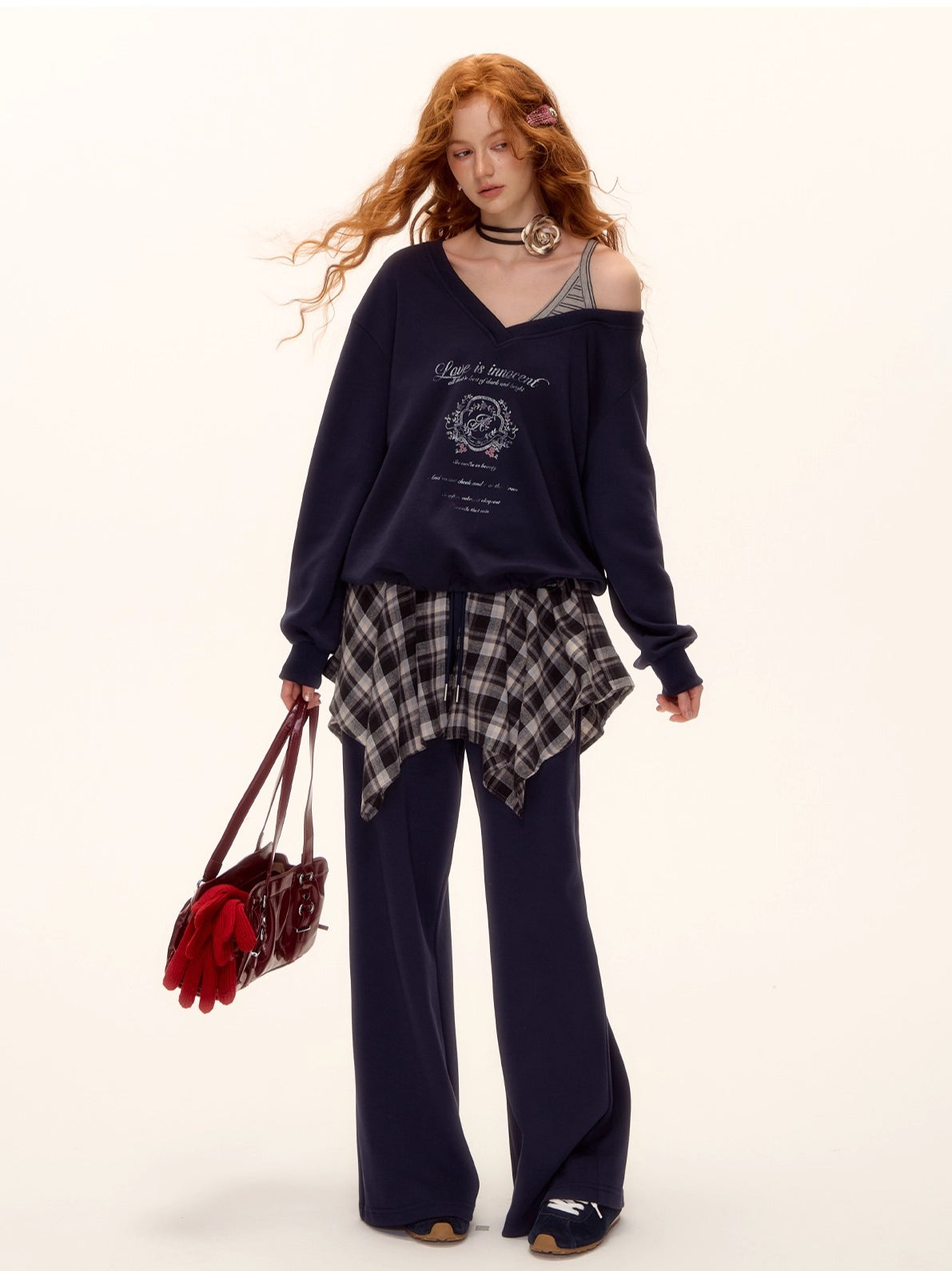 Asymmetric Shoulder Striped Fleece Tracksuit Set