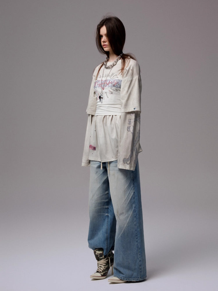 Rhinestone Logo Fake Two-piece Washed T-shirt