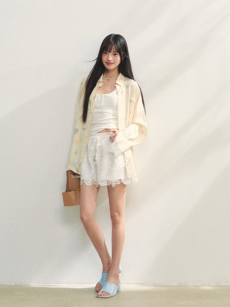 White Lace Hollow-Out Tie-Up Shorts