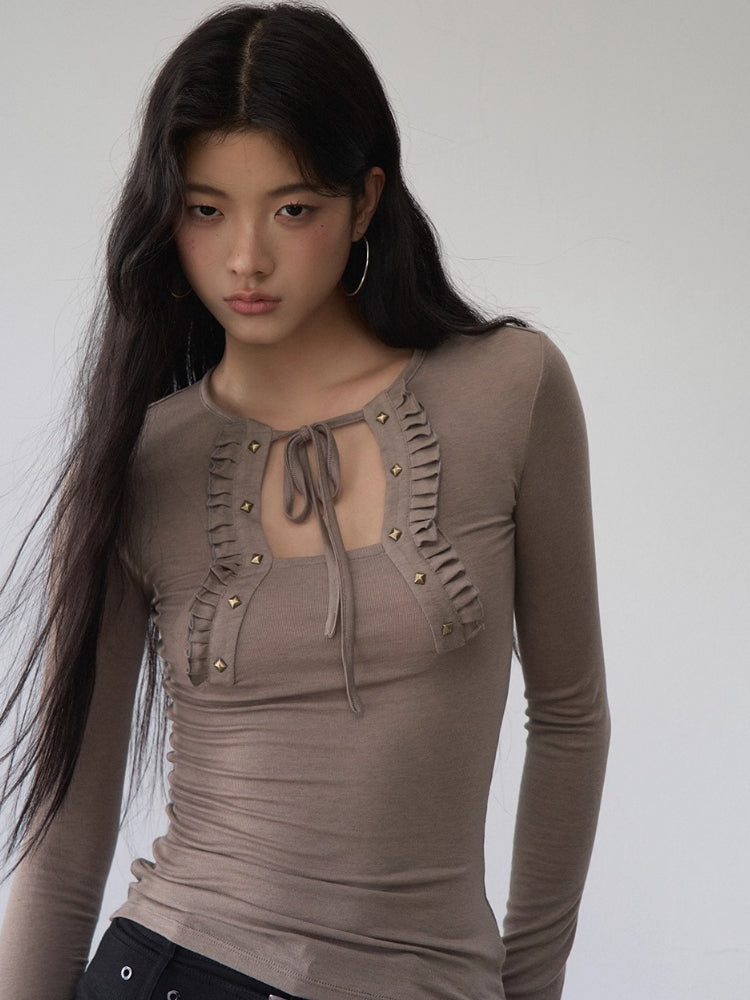 Rivet & Tie Ruffle Long Sleeve T-Shirt - CHINASQUAD