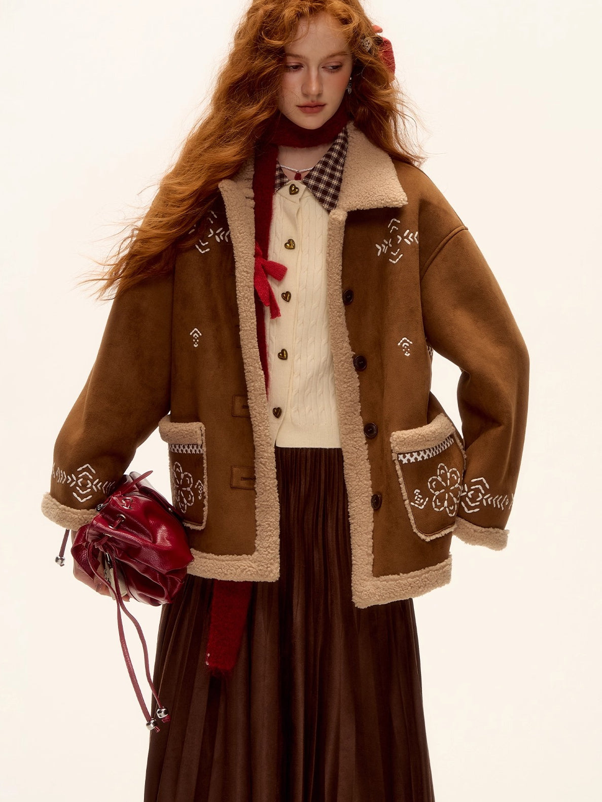 Heavy Embroidered Faux Shearling Suede Jacket