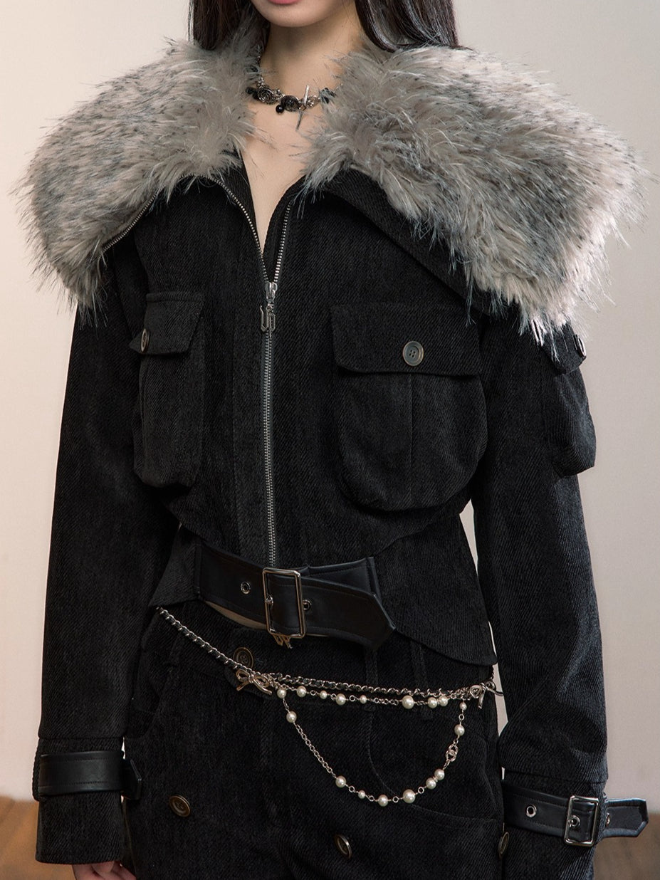 Leopard Faux Fur Collar Belted Puffer Jacket