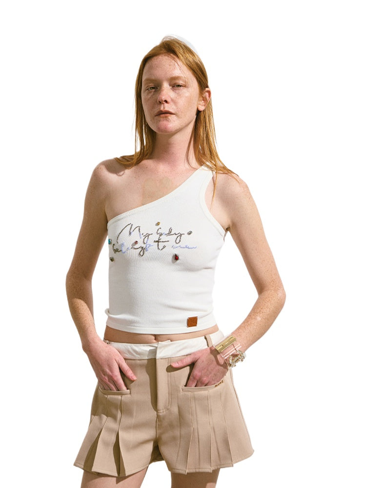 Off-Shoulder Handmade Color Rhinestone Knitted Cami - CHINASQUAD