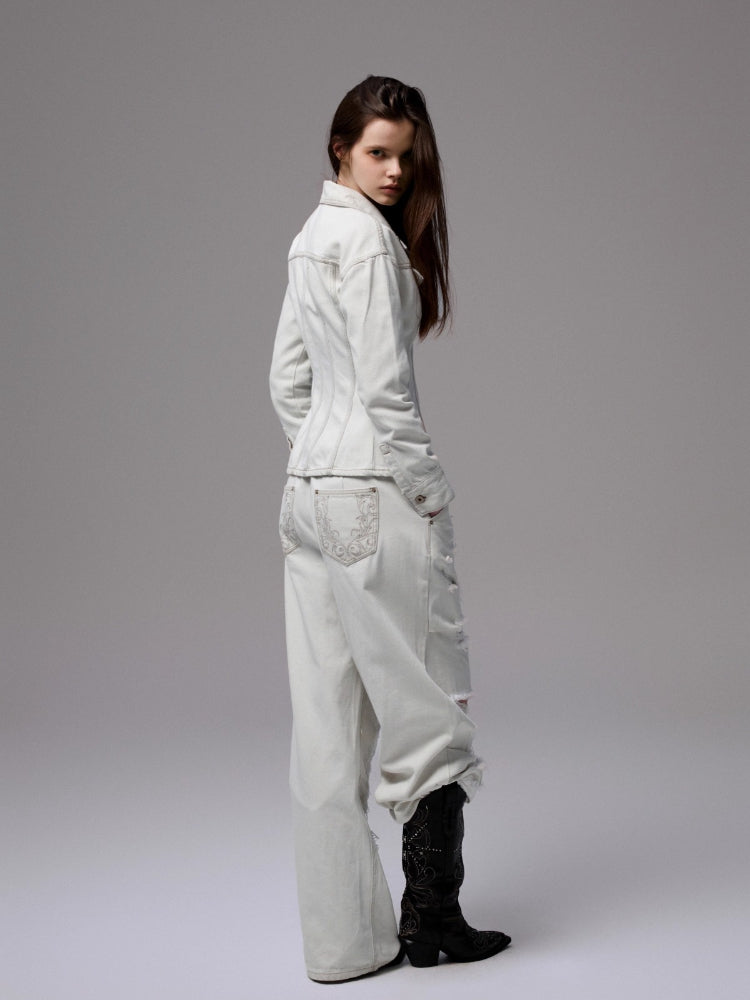 Vintage Washed Waist-Tailored Wide-Shoulder Jacket