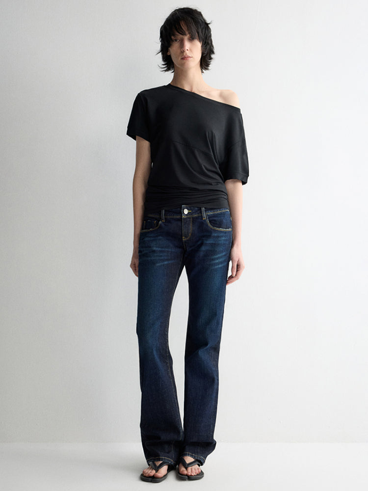 Washed Ultra Low Waist Straight Leg Jeans - CHINASQUAD