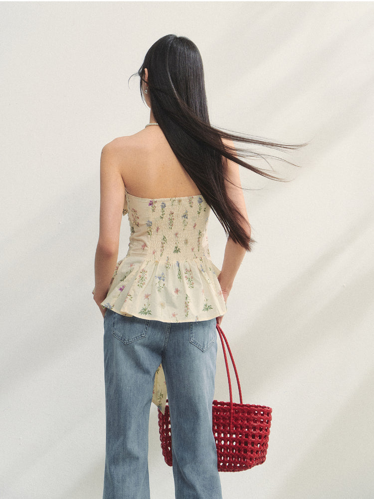 Floral Bow Smocked Strapless Top