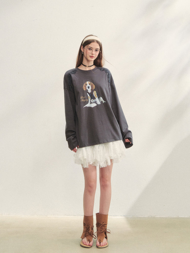 Lace Panel Dog Print Crew Neck Tee - CHINASQUAD