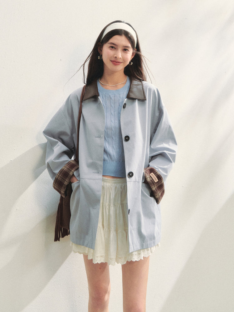 Plaid Patchwork Color-Block Trench Coat - CHINASQUAD