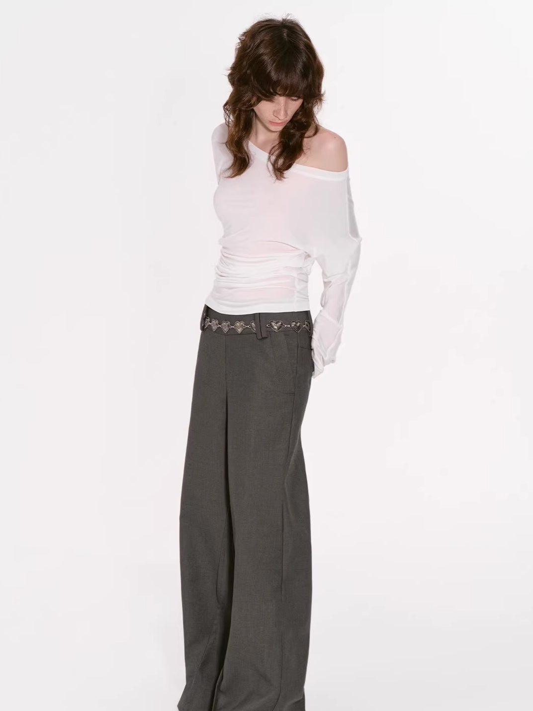 Draped Lyocell Off-Shoulder Long Sleeve T-Shirt