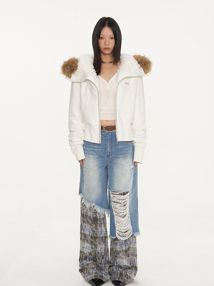 Fur Collar Fleece-Lined Short Coat - CHINASQUAD