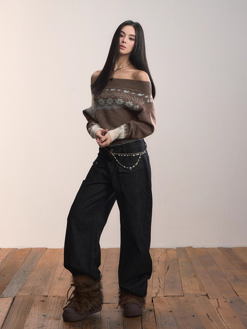 Fair Isle Off-Shoulder Wool Blend Knit Sweater