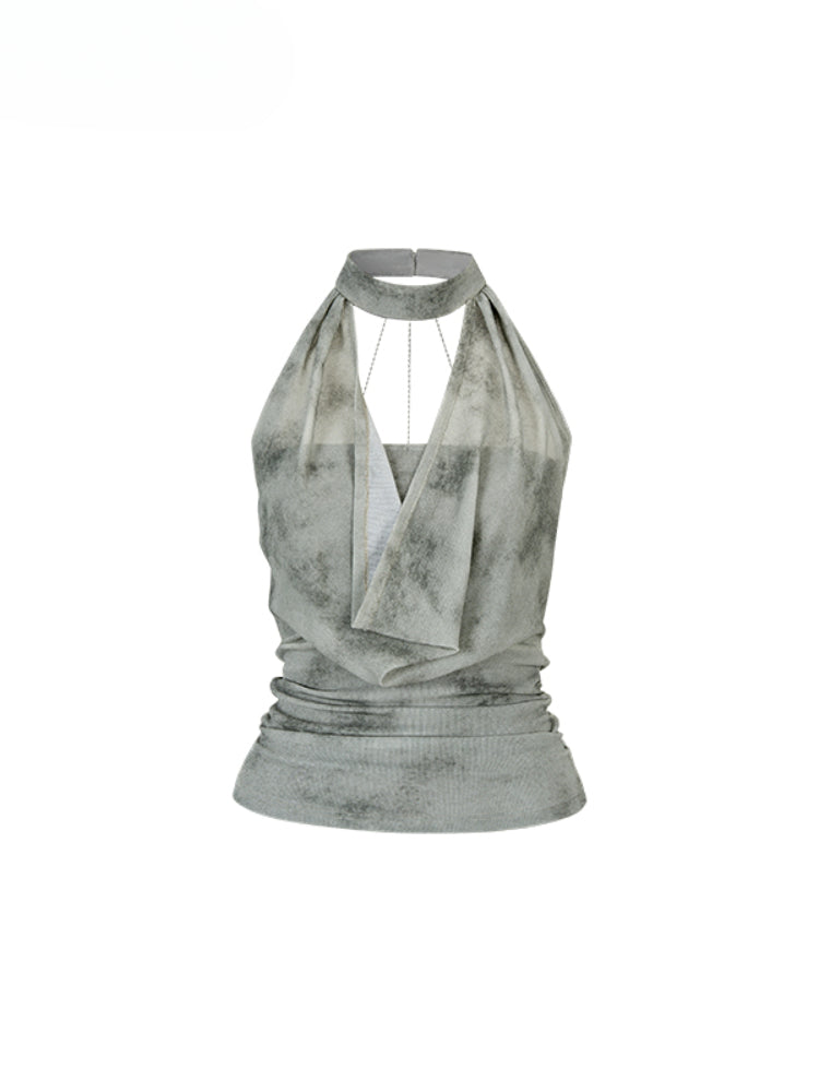 Chain Swing-neck Halter Neckline-gathered Waist Tank Top - CHINASQUAD