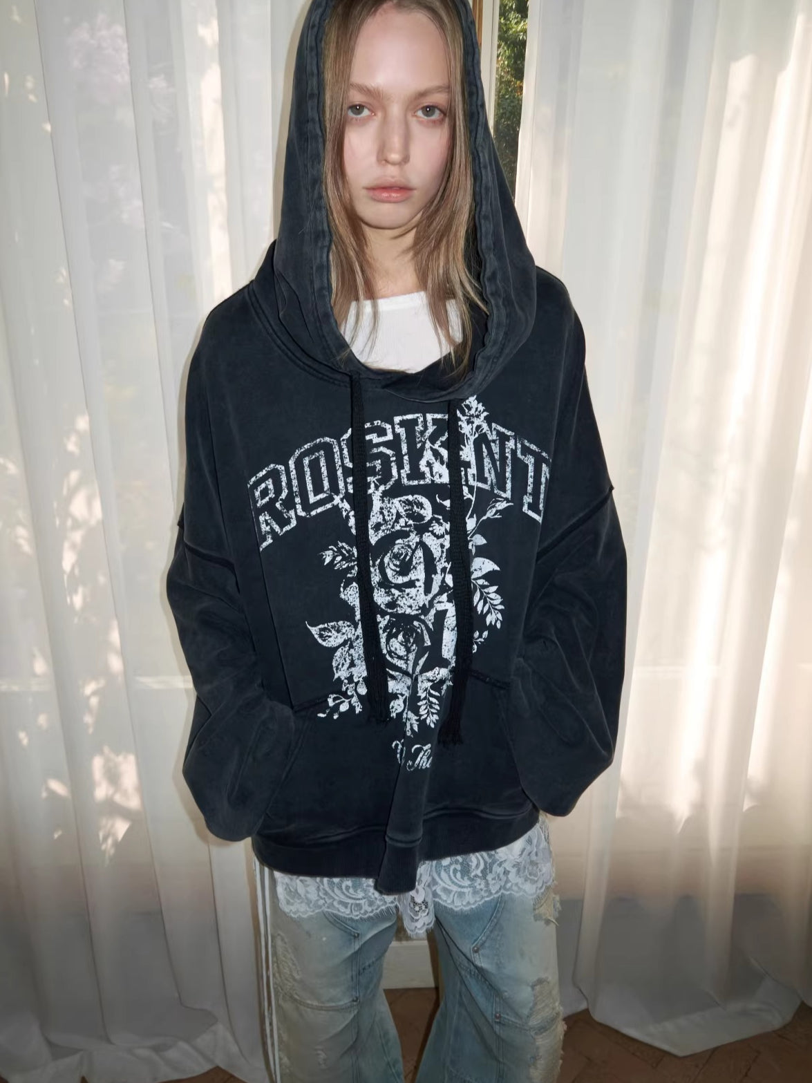 Print Slouchy Sleeve Washed Hoodie