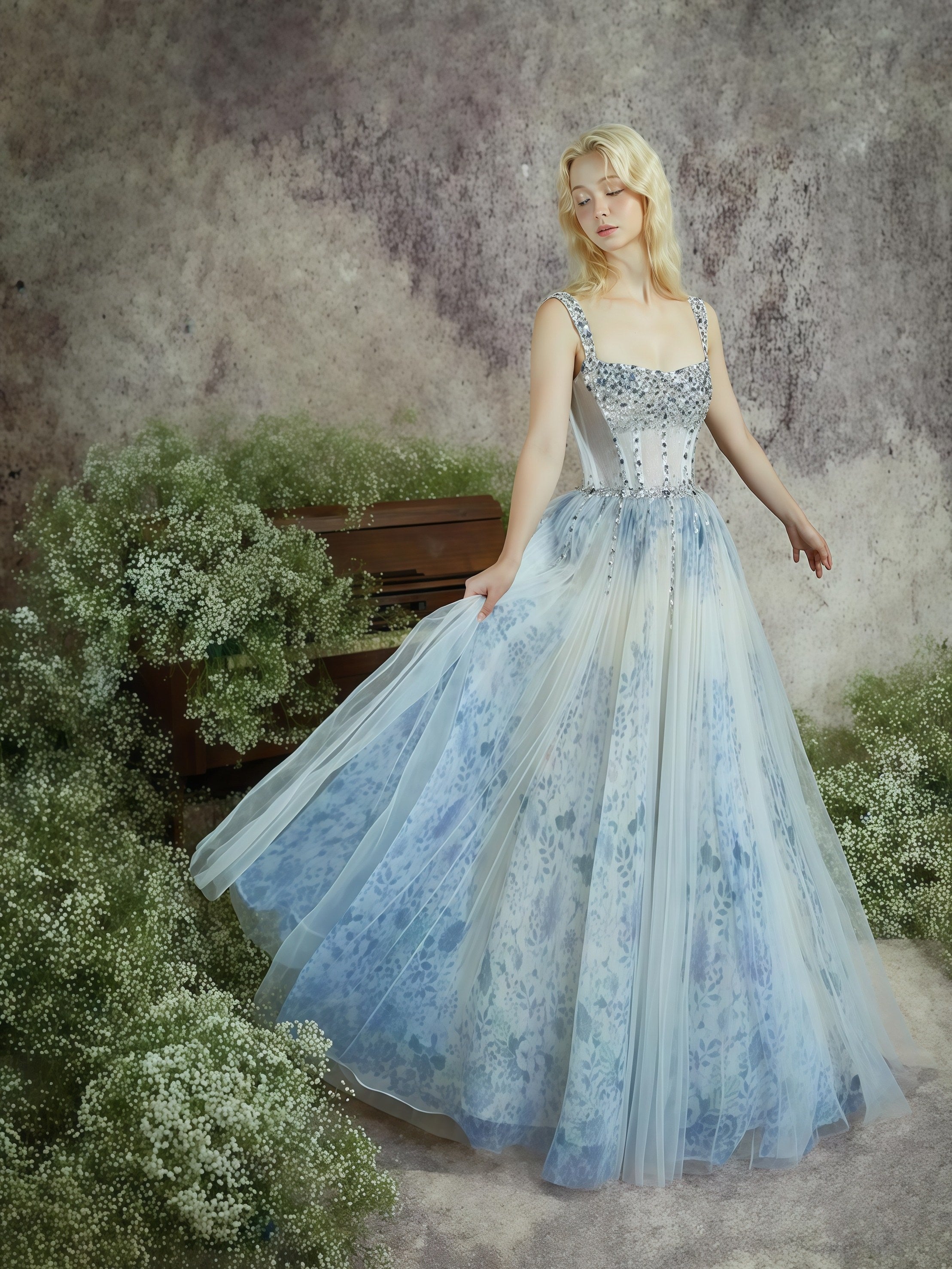 Azure Bloom Crystal Embellished Ball Gown