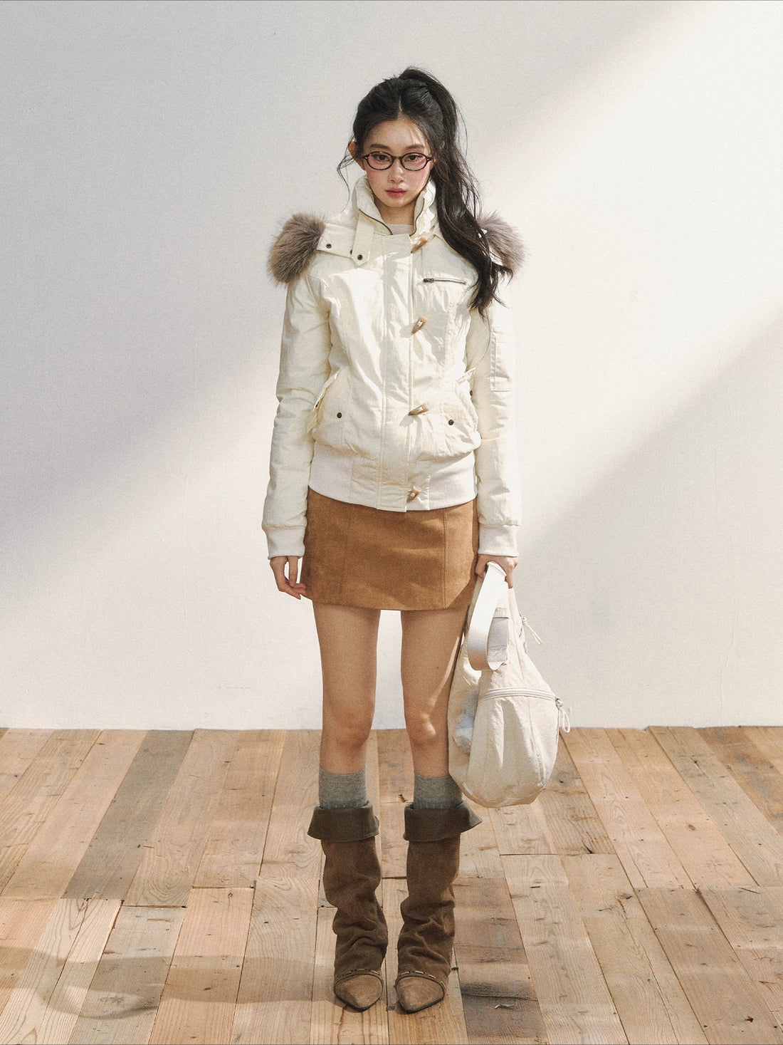 Two-Tone Faux Fur Collar Hooded Duffle Puffer Jacket