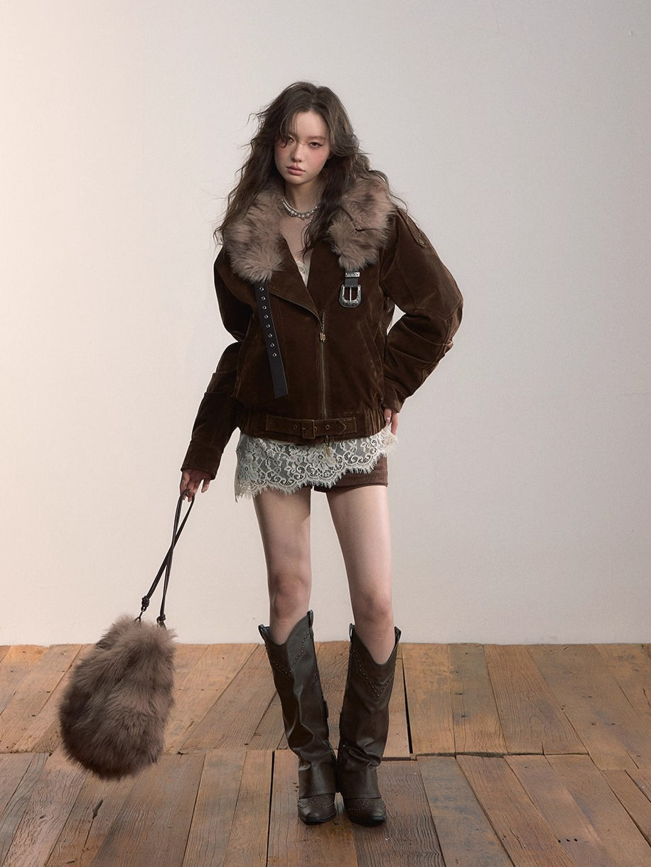 Belt Detail Retro Corduroy Down Jacket - CHINASQUAD