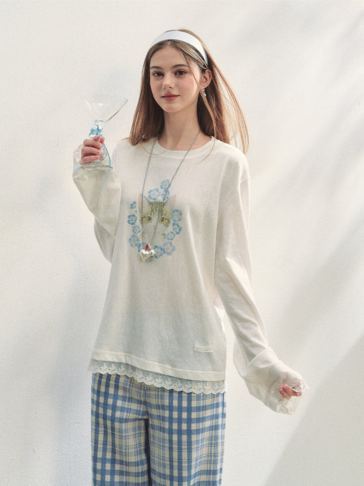 Lace Panel Animal Print Long-Sleeve Tee - CHINASQUAD