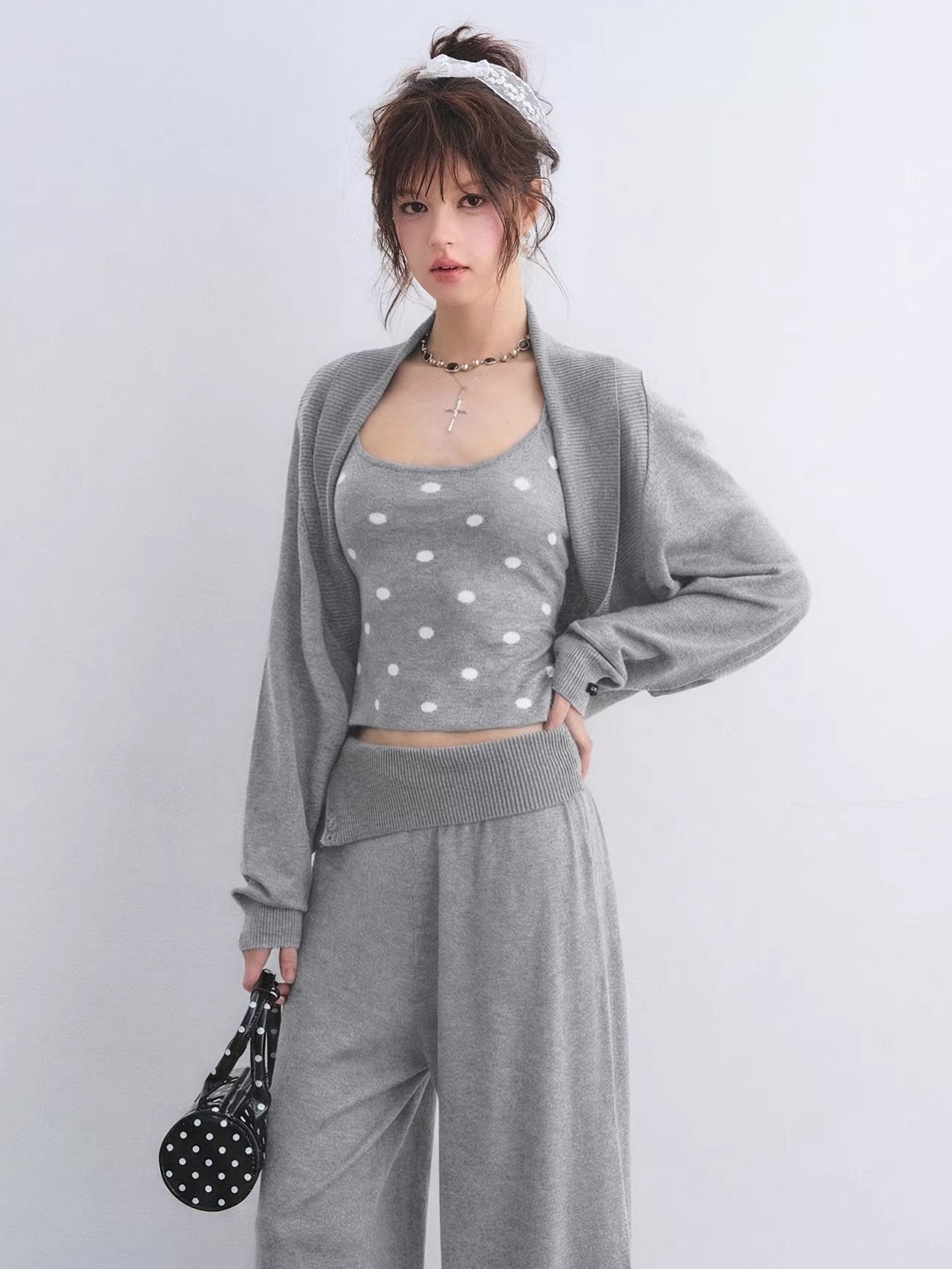 Contrast Polka Dot Cardigan & Cami Set