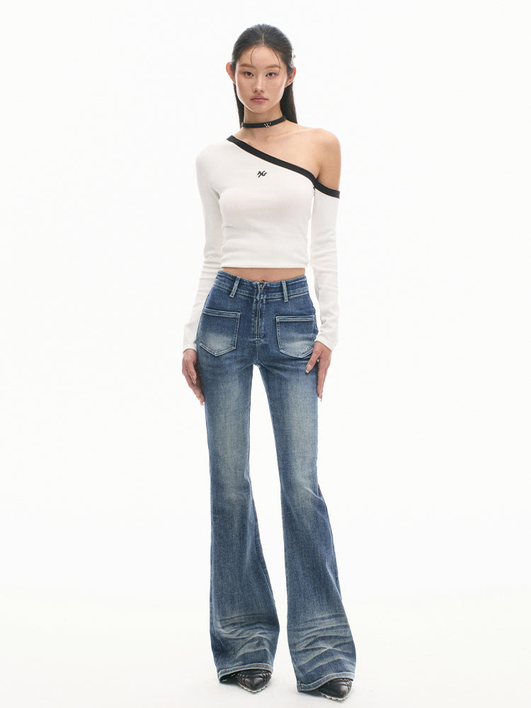 Retro Blue High Waist Flare Jeans - CHINASQUAD