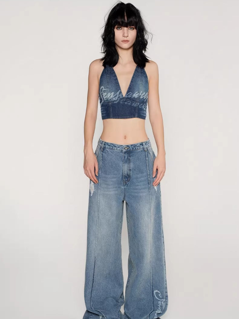 Laser Logo Seam Wide-Leg Denim Pants
