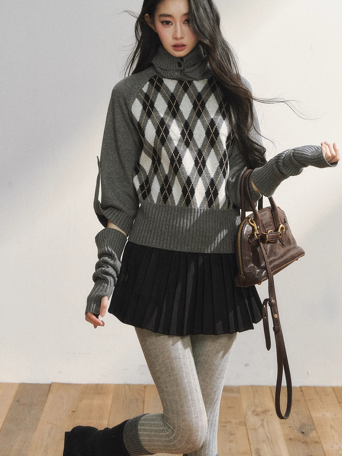 Vintage Argyle Knit Turtleneck Sweater & Skirt Set