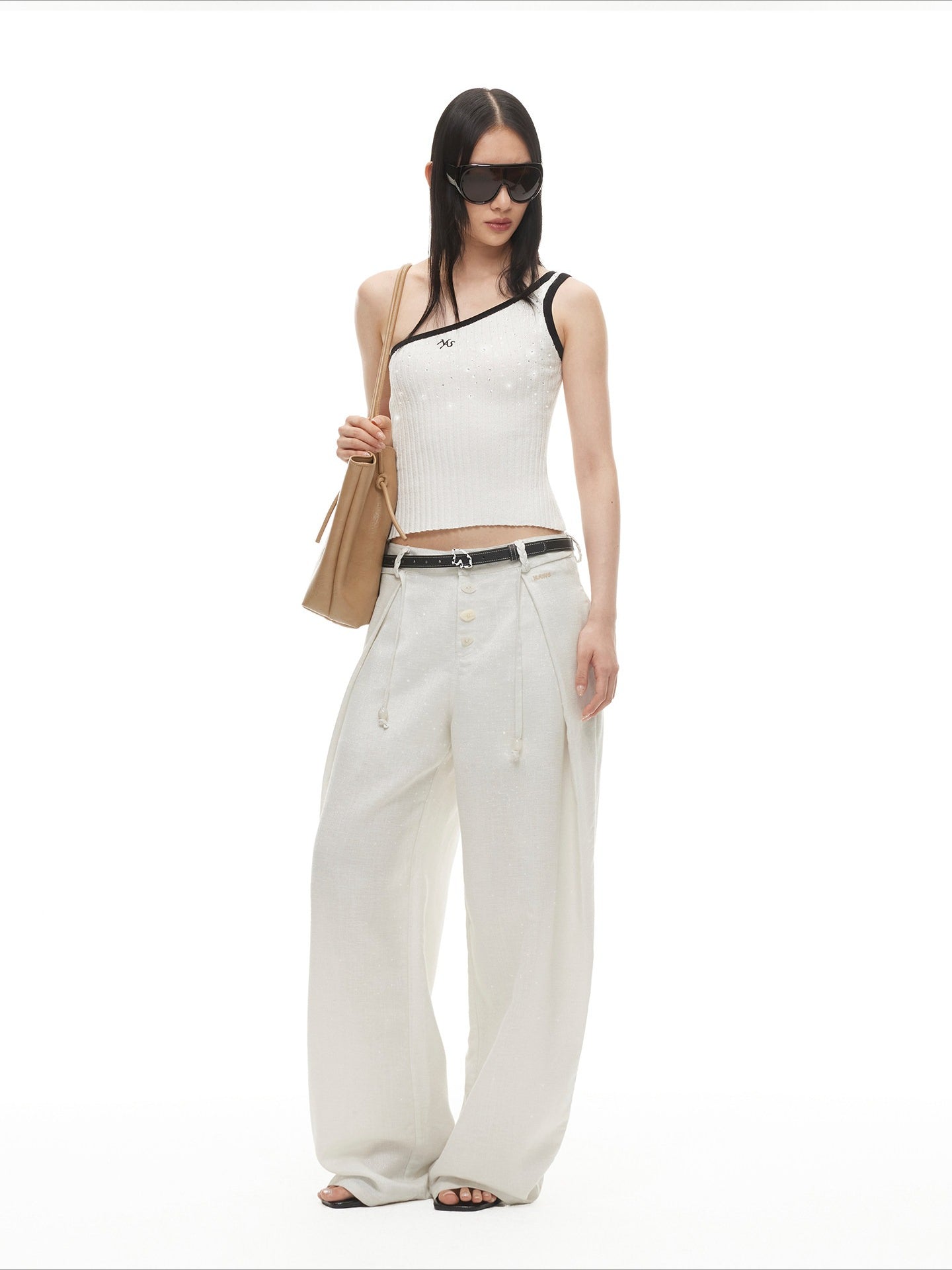 Asymmetric Rhinestone-Embellished Ribbed Tank Top