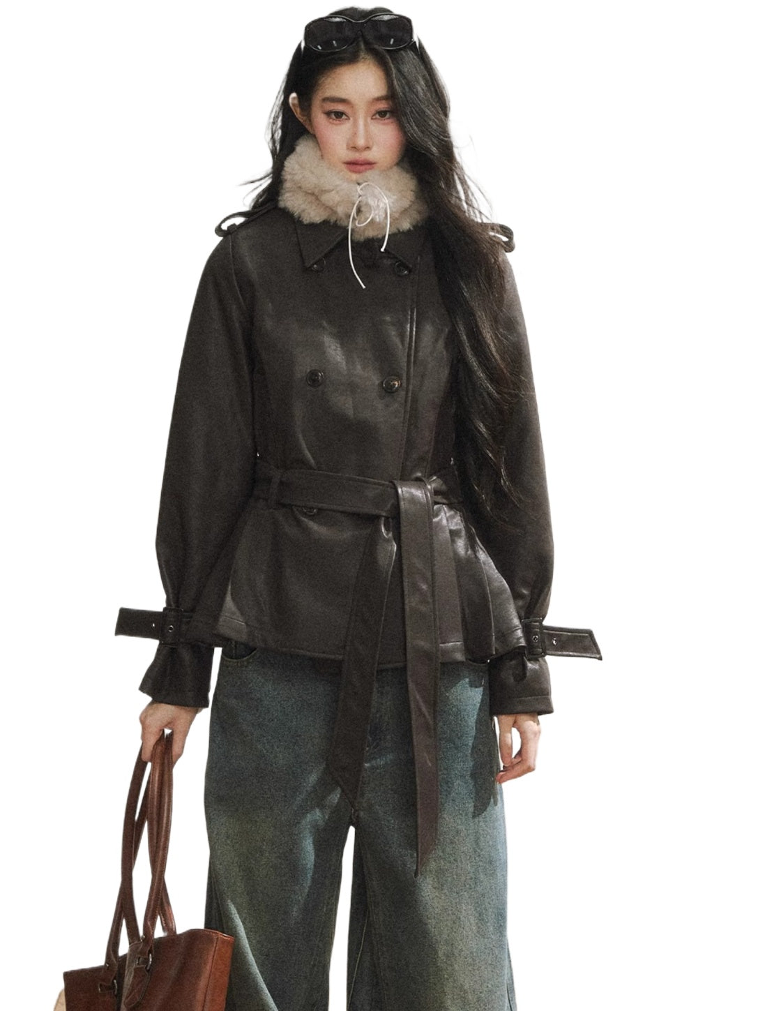 Vintage Brown Belted Faux Leather Wool Jacket