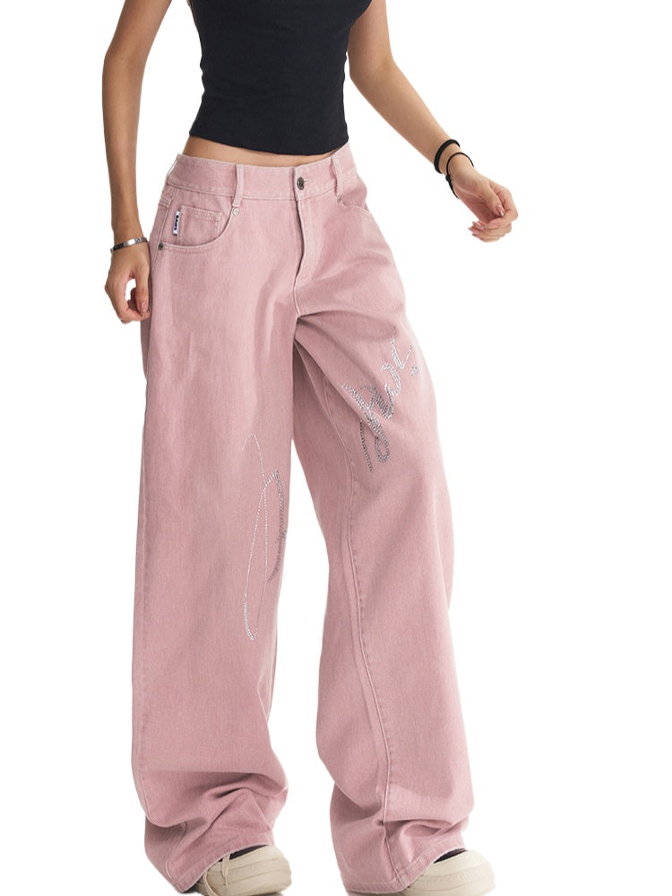 Pink Rhinestone Low-Waist Wide-Leg Jeans - CHINASQUAD