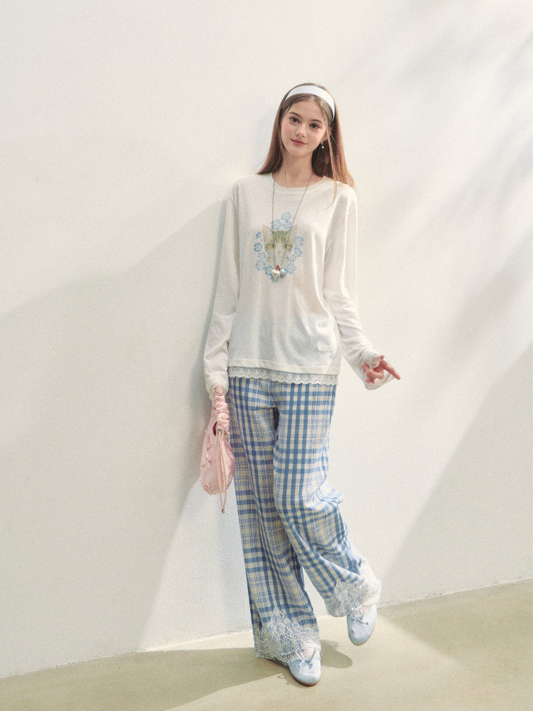 Lace Panel Checked Straight-Leg Pants - CHINASQUAD