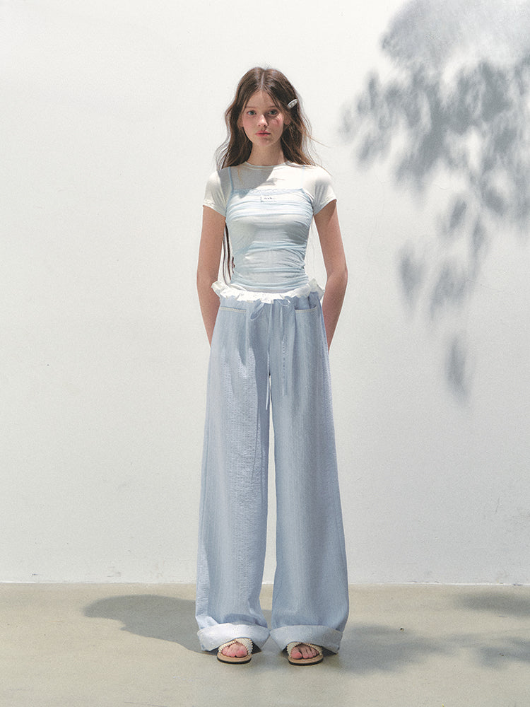 Vertical Striped Drawstring Waist Pink - Blue Pants - CHINASQUAD