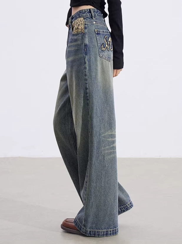 Leopard-Print Panelled Wide-Leg Denim Pants