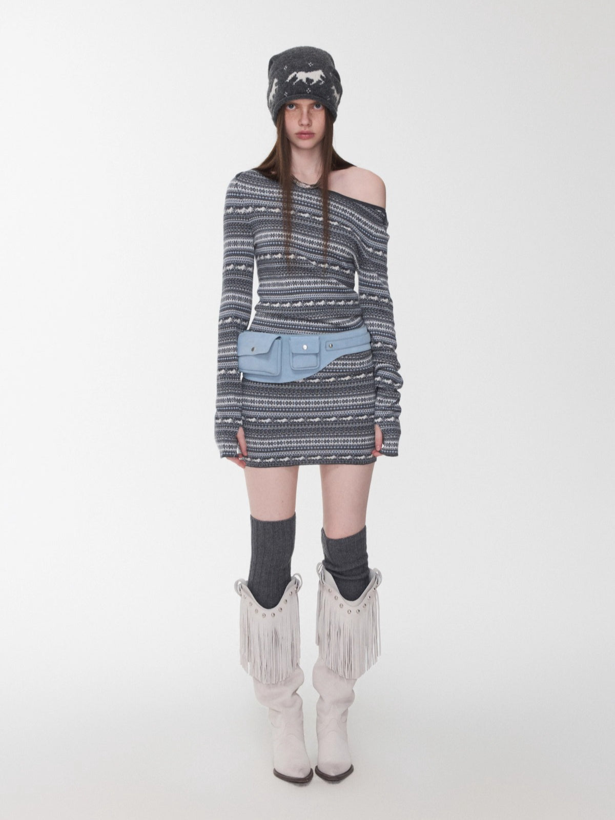 Fair Isle Off-Shoulder Jacquard Knit Dress