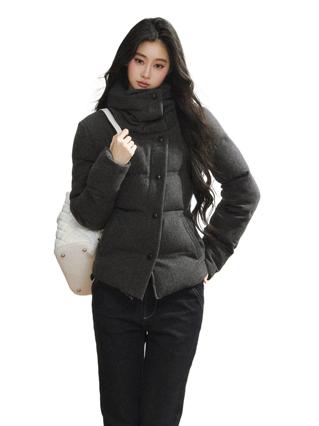 Gray Wool-Blend Quilted Short Puffer Jacket