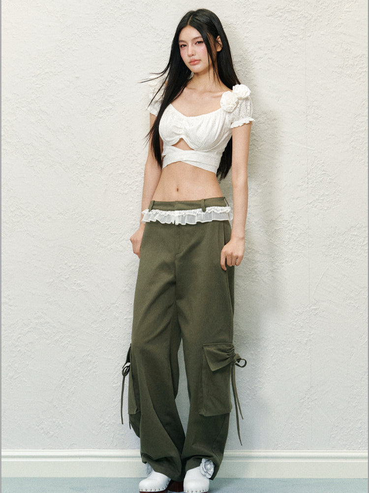 Color Block Large Pocket Lace Work Pants - CHINASQUAD