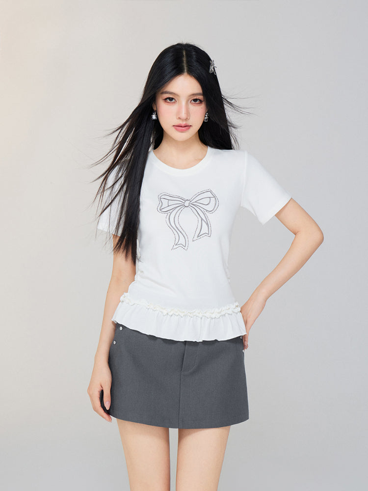 Ballet-style Bow-adorned Short sleeve Top - CHINASQUAD