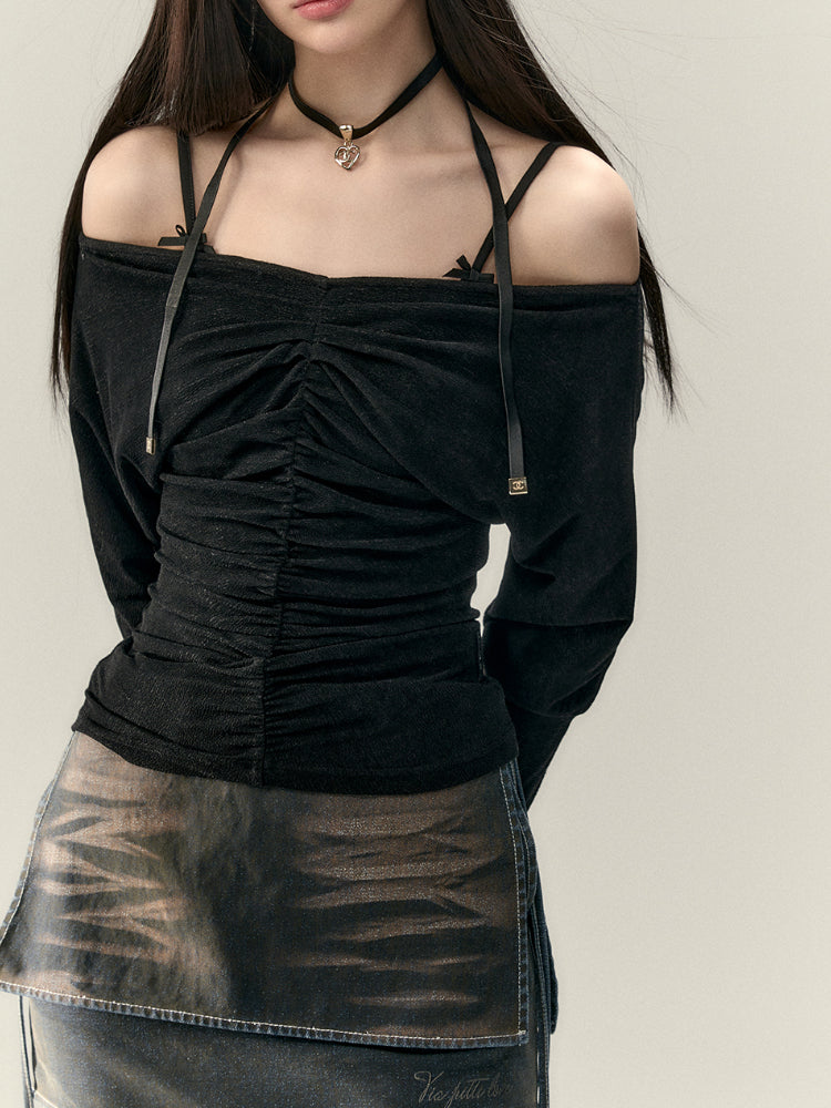 Two-Way Off-Shoulder Ruched Long Sleeve Blouse - CHINASQUAD