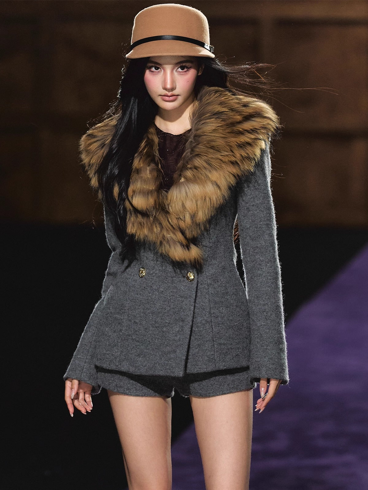 Detachable Fur Collar Wool Tailored Blazer & Shorts Set