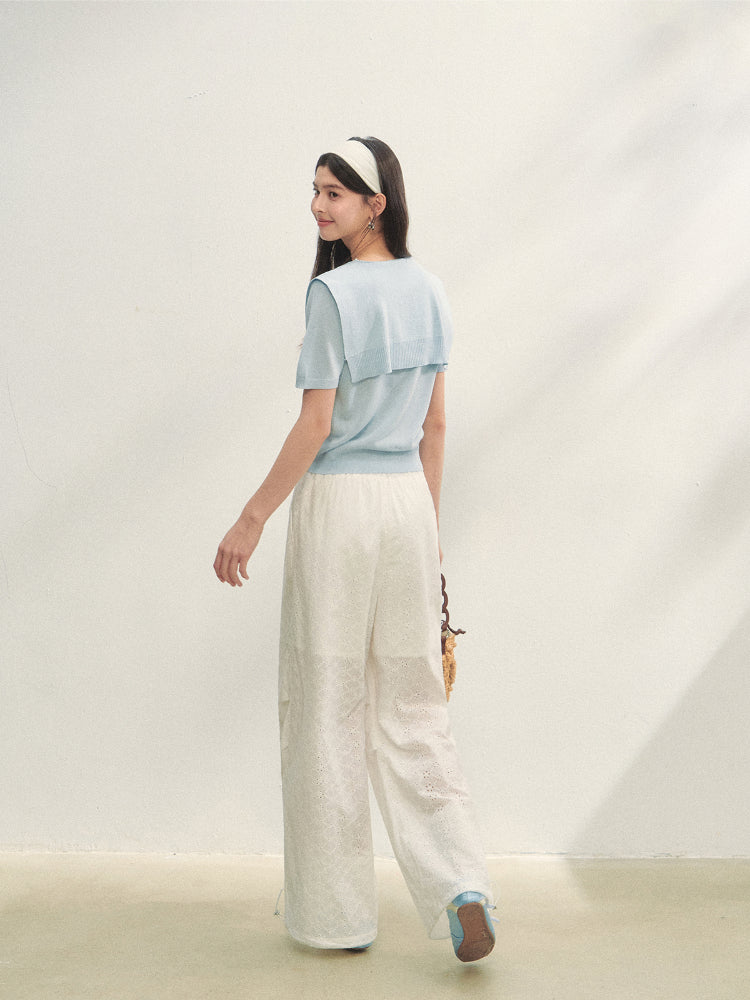 Lace Spliced V-Neck Knitted T-Shirt - CHINASQUAD