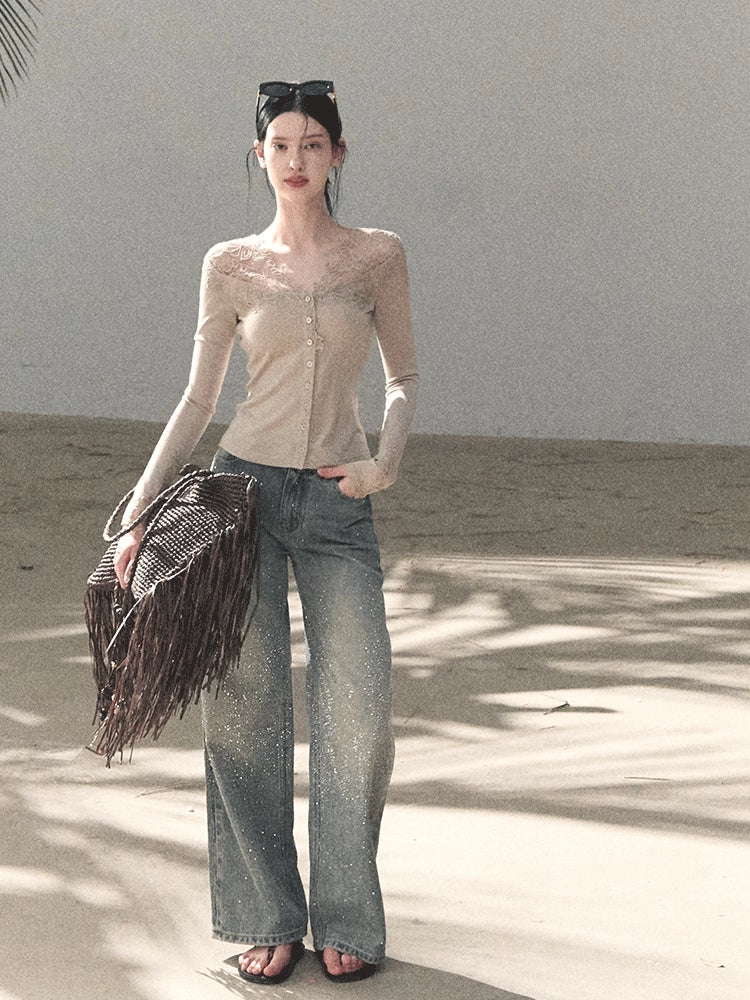 Sculpted Lace-Trim V-Neck Fitted Knit Cardigan