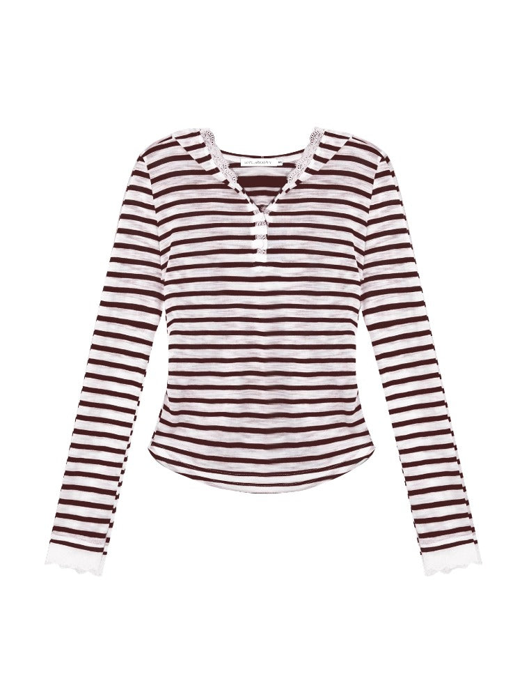 Striped Color-block Lace Spliced T-Shirt - CHINASQUAD