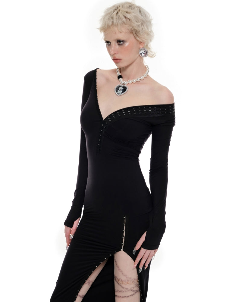 Black Long Sleeve Hook Dress - CHINASQUAD