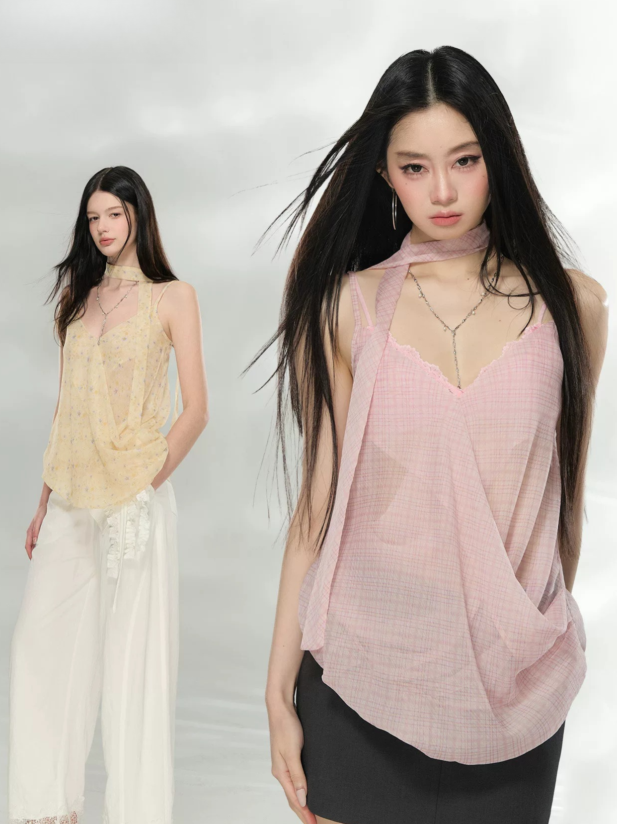 Asymmetric Ribbon Tie Sheer V-Neck Camisole