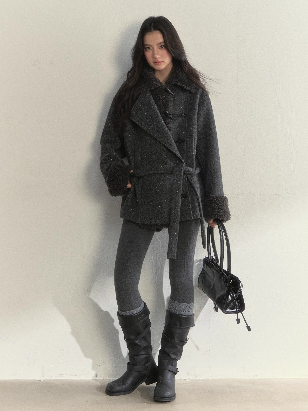 Deep Grey & Brown Wool Blend Fleece-Collar Coat