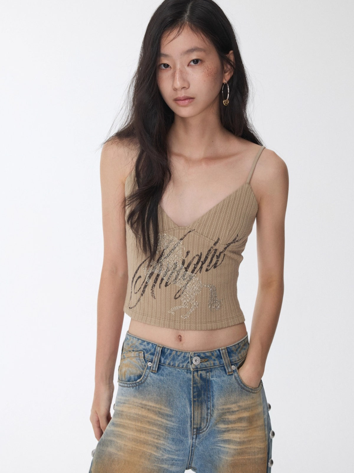 Knight Horse Rhinestone Cable-Knit Camisole - CHINASQUAD