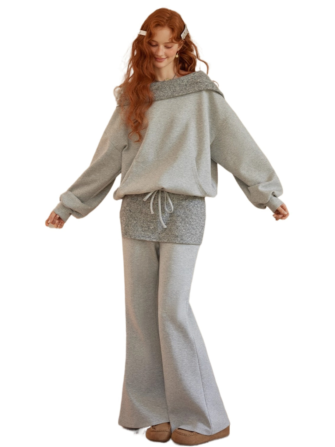 Grey Off-Shoulder Sweatshirt & Flared Pants Two-Piece Set