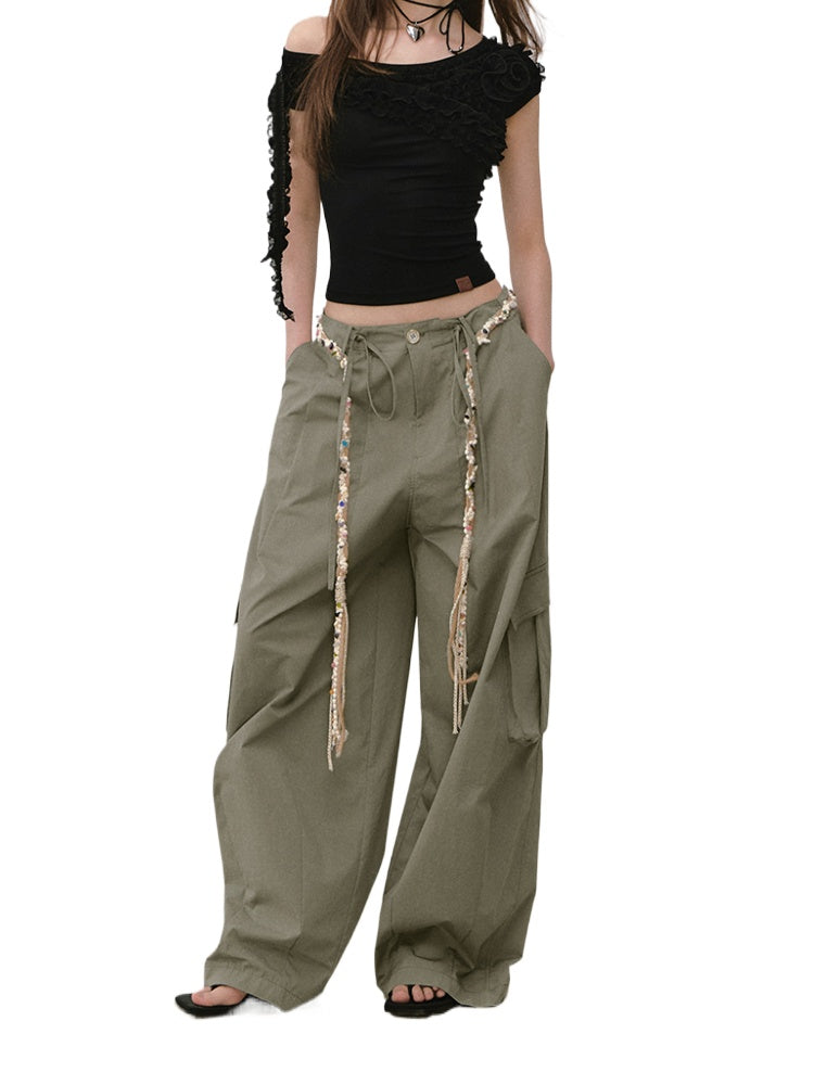 Wide-Leg Beaded Cargo Large Pockets Pants - CHINASQUAD