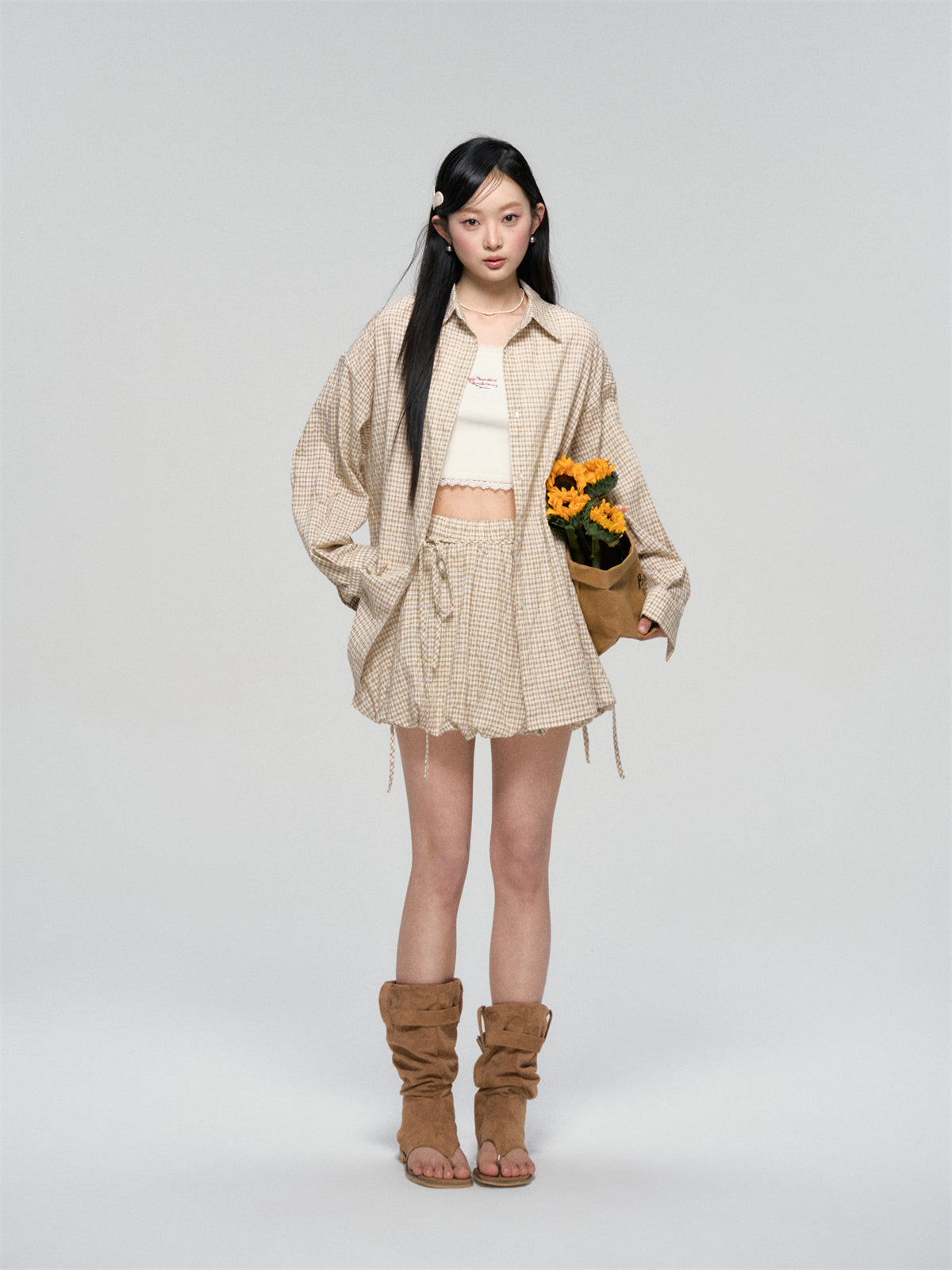 Khaki & Black Retro Check Shirt & Skirt Set - CHINASQUAD