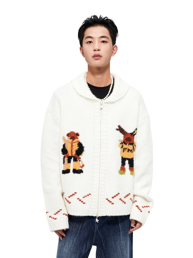 Nordic Skiing Bear Jacquard Christmas Collar Knit Cardigan - CHINASQUAD